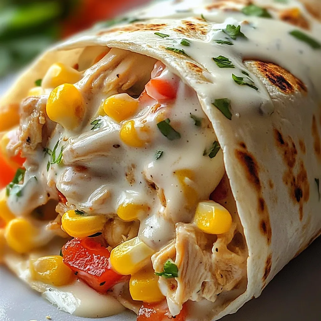 A burrito with chicken, corn, and cheese.