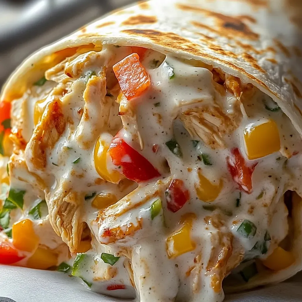 A burrito with chicken and vegetables.