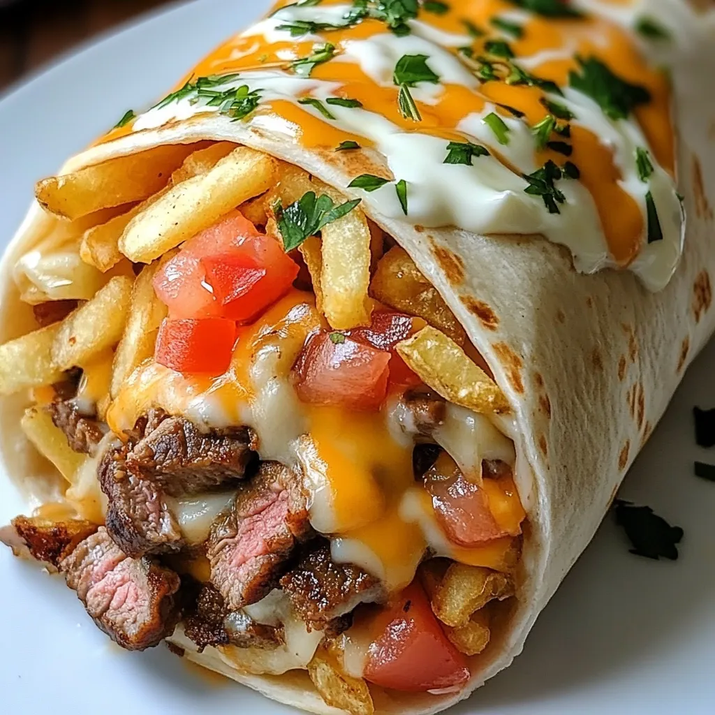 A burrito with meat, cheese, and tomatoes.
