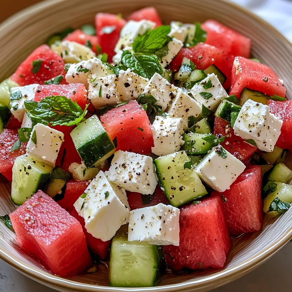 A bowl of fruit salad with watermelon, cucumber, and feta cheese.
