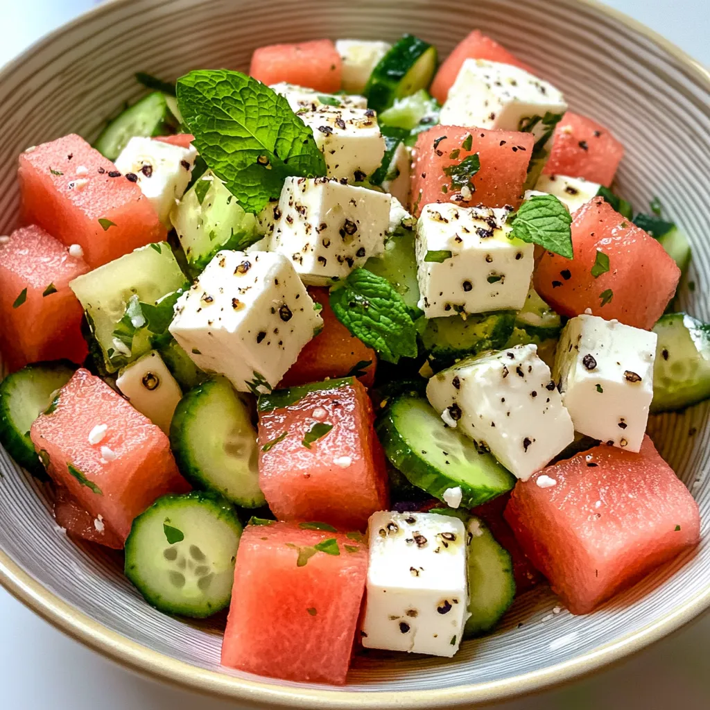 A bowl of fruit salad with watermelon, cucumbers, and feta cheese.