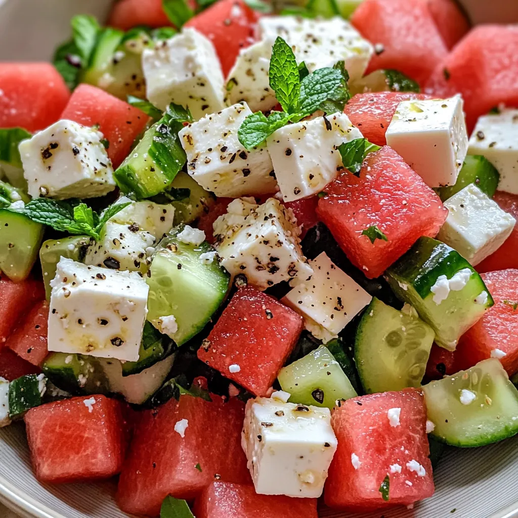 A bowl of watermelon and feta cheese.