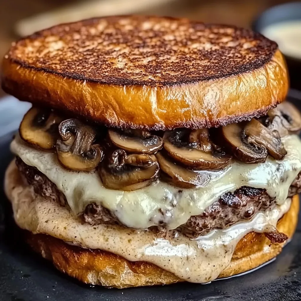 A close up of a mushroom burger.