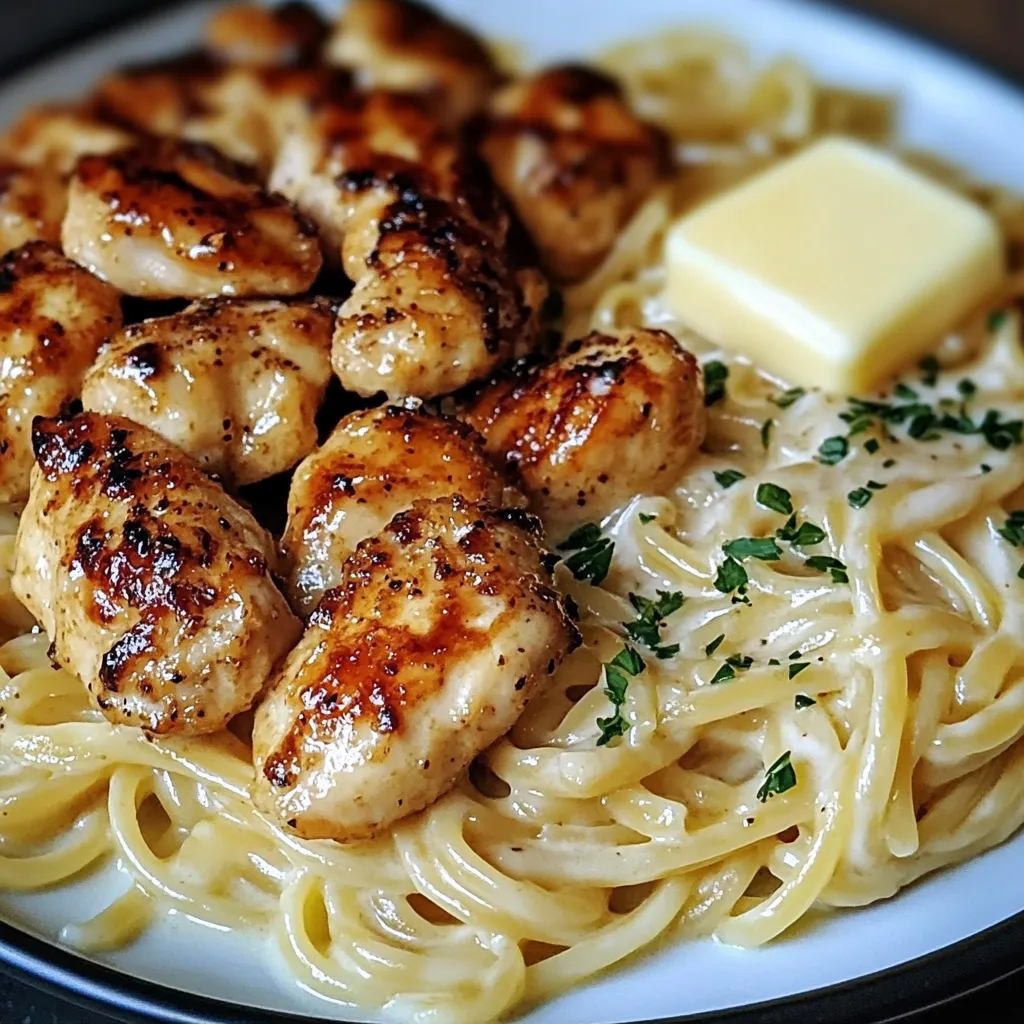 A plate of food with chicken and noodles.