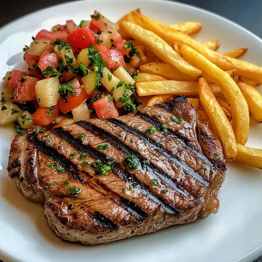 A plate of food with a steak and fries.