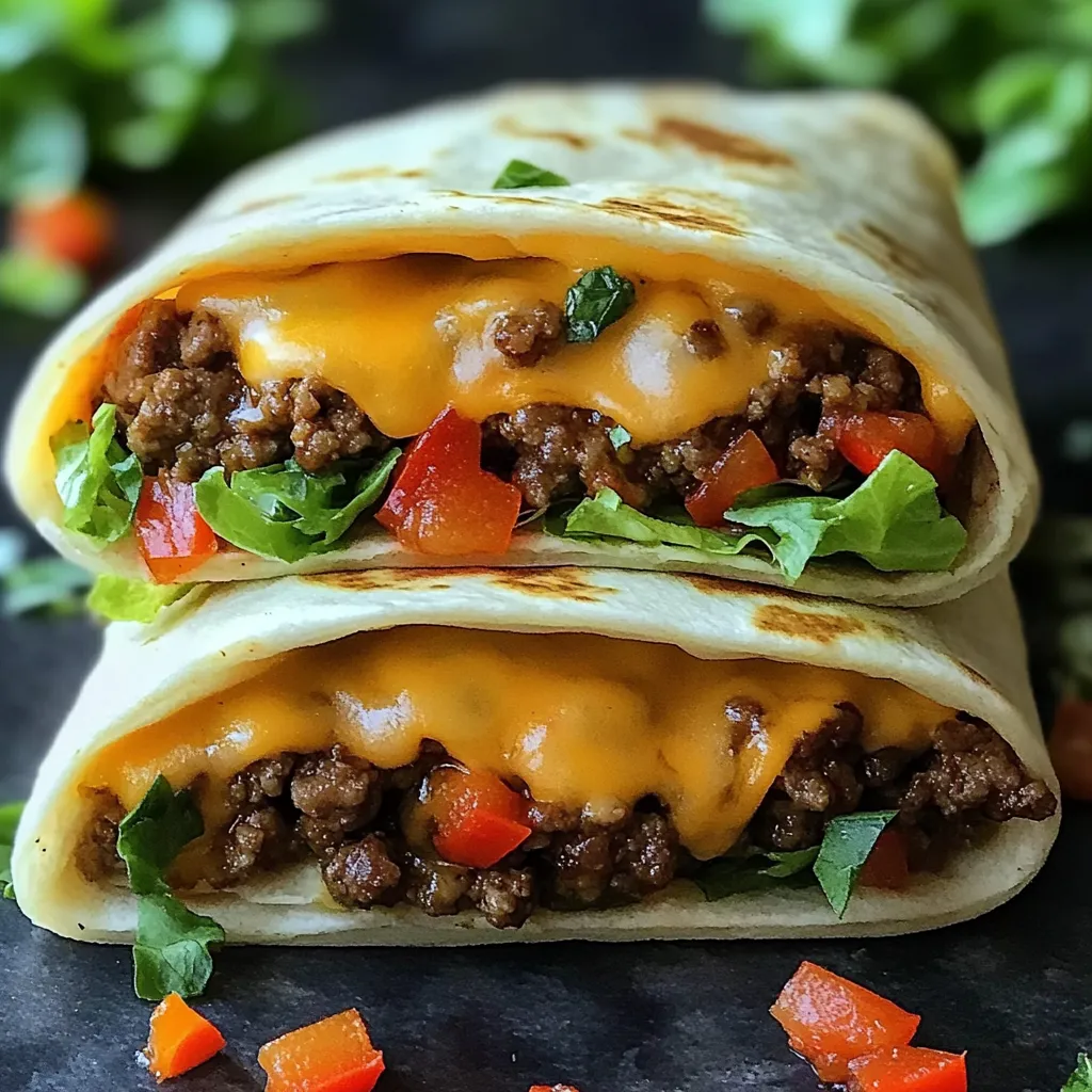 Two burritos with cheese and tomatoes.