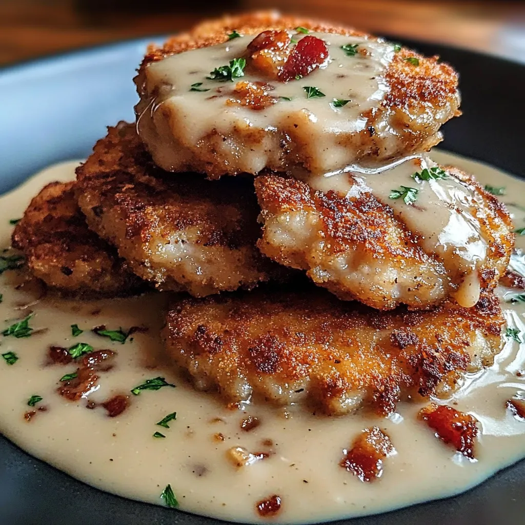 A stack of pancakes with gravy on top.