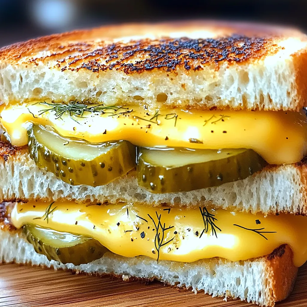 A sandwich with cheese and pickles.
