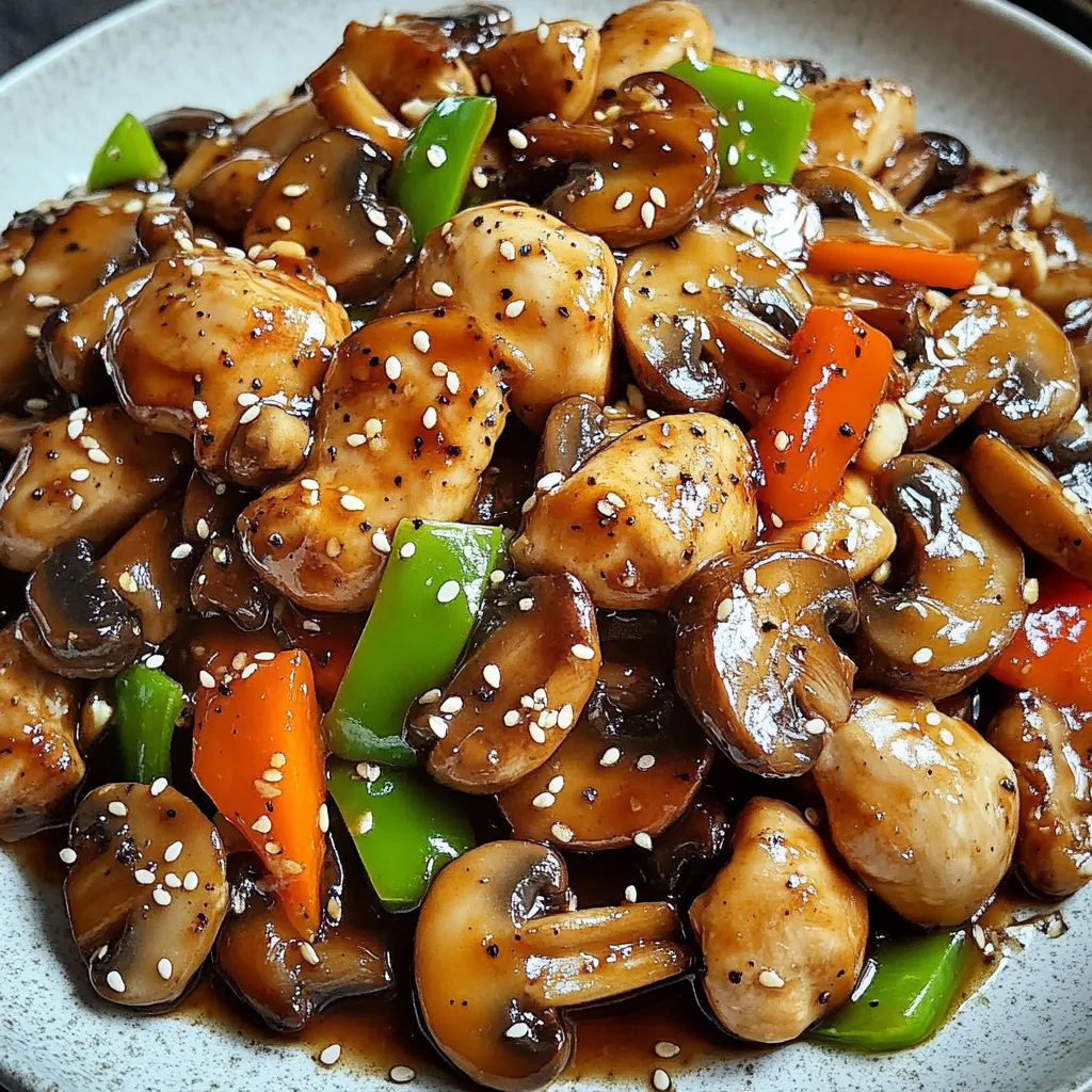 A plate of food with mushrooms and peppers.
