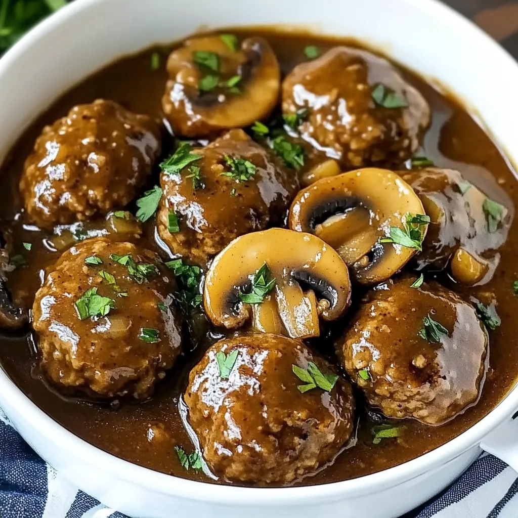 A bowl of meatballs in a brown sauce.