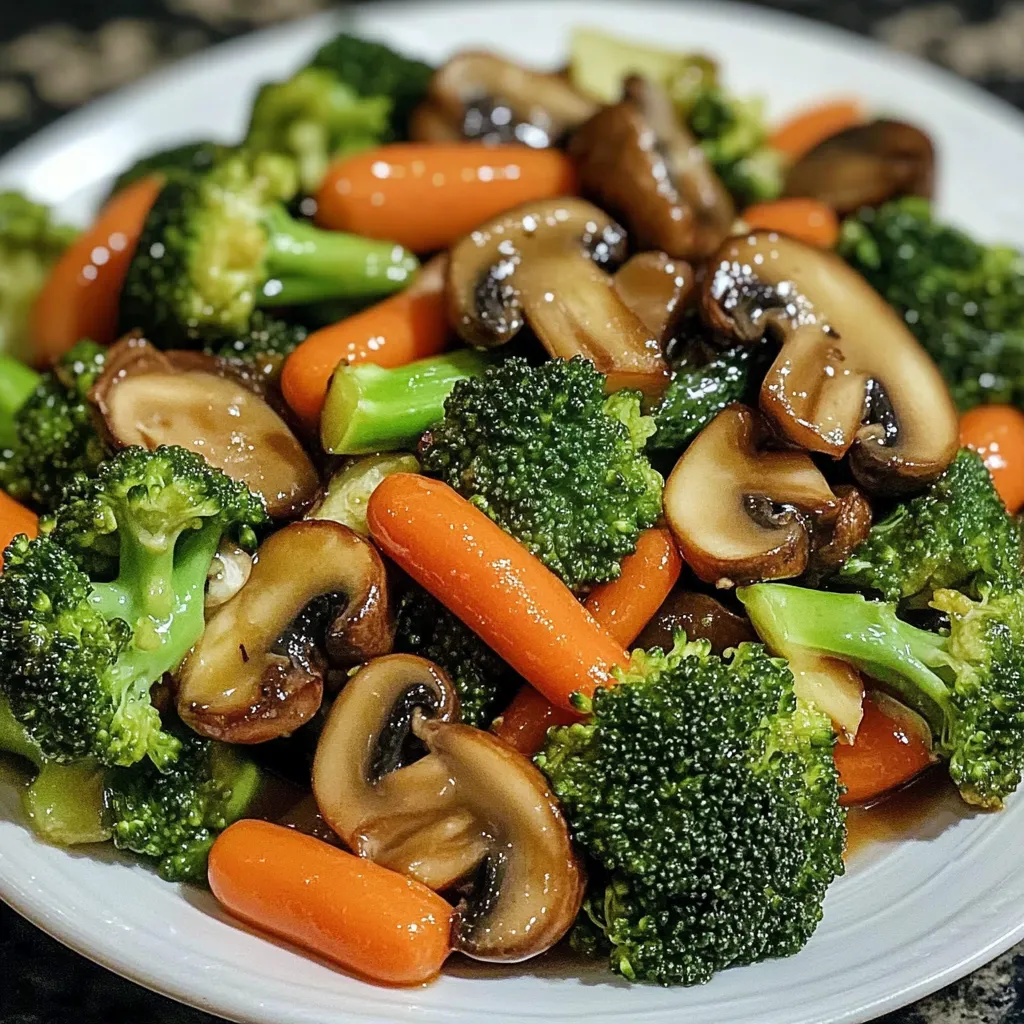 A plate of vegetables including broccoli, carrots, and mushrooms.
