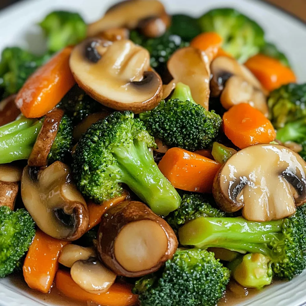 A bowl of vegetables including broccoli, carrots, and mushrooms.