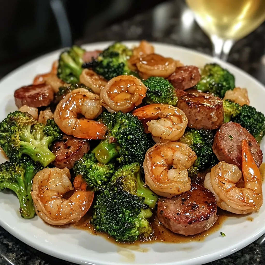 A plate of shrimp and broccoli.