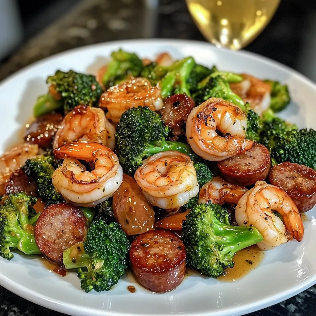 A plate of food with shrimp, broccoli, and sausage.