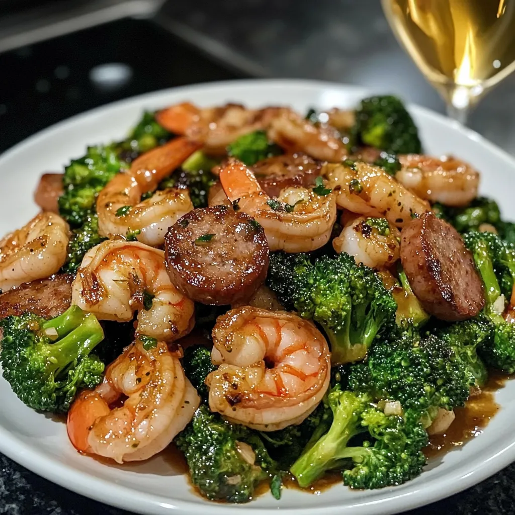 A plate of shrimp and broccoli.
