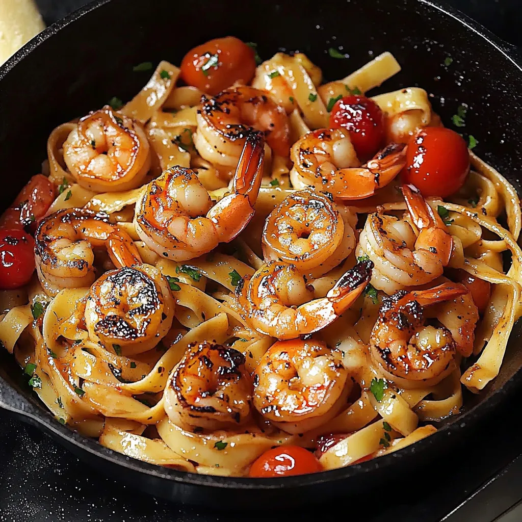 A pan of shrimp and tomatoes.
