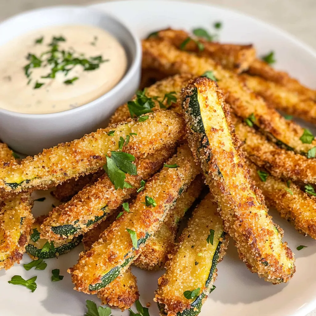 A plate of fried zucchini with a dipping sauce.