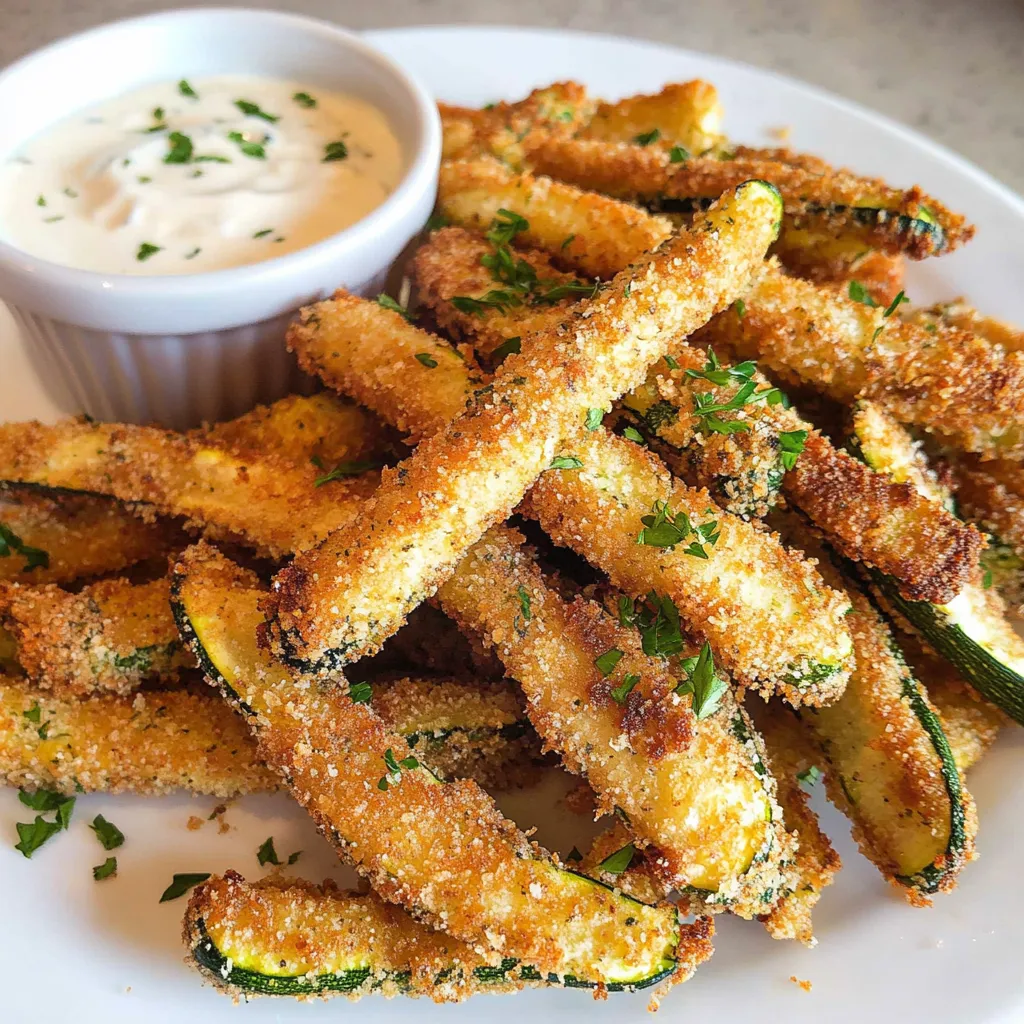 A plate of fried zucchini with a bowl of dipping sauce.