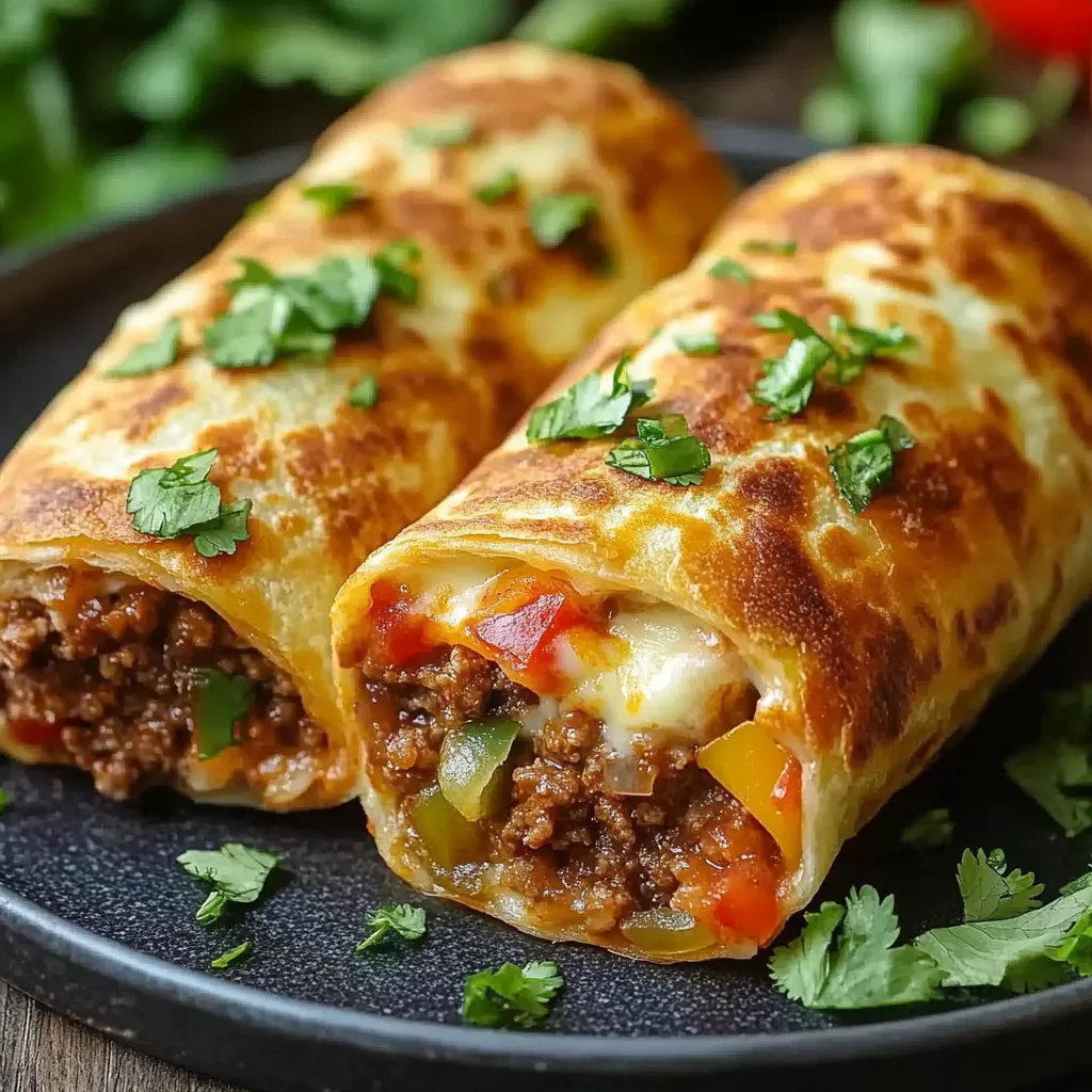 Zwei Burritos mit verschiedenen Zutaten wie Kartoffeln, Tomaten, Paprika und Zwiebeln auf einem Plate.