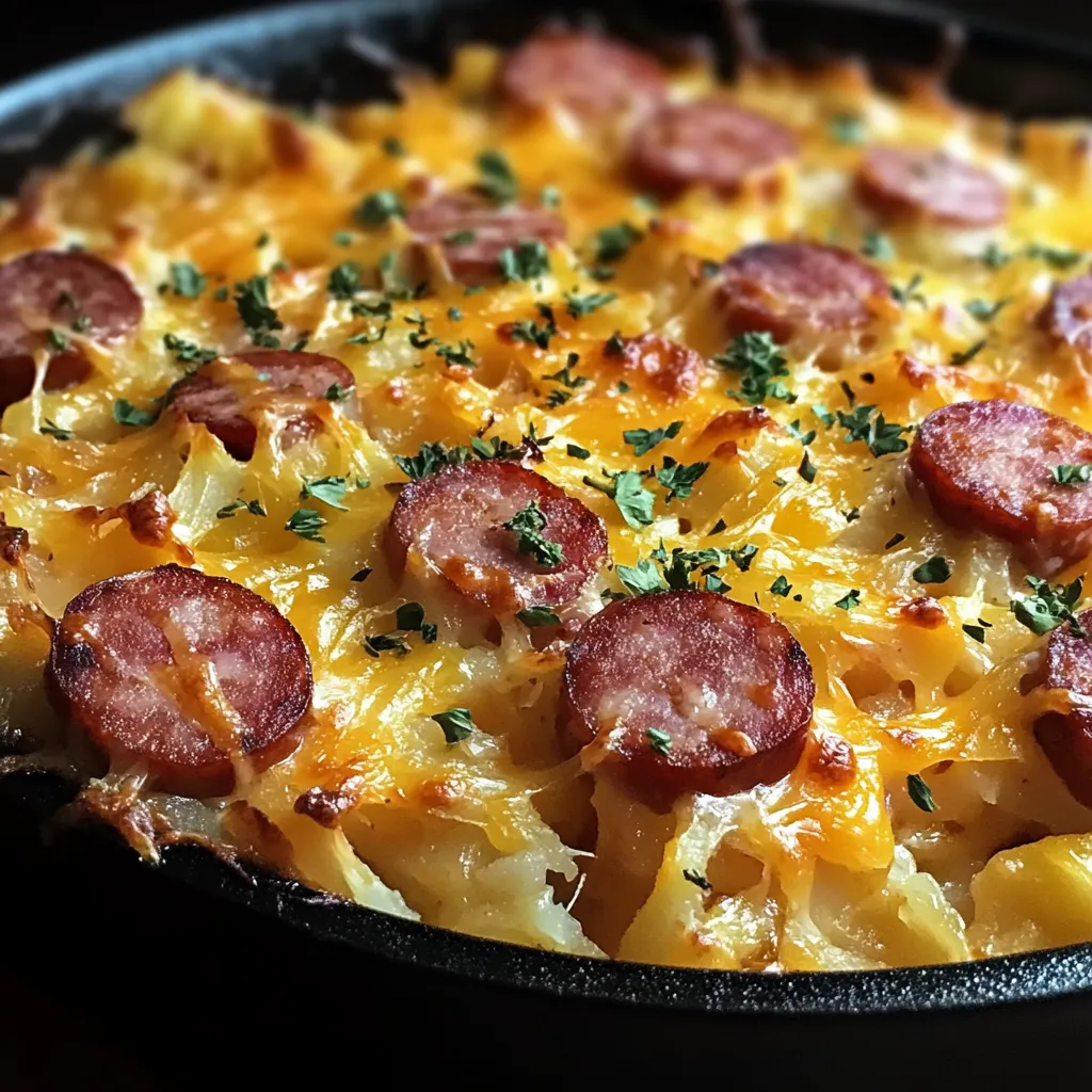A pan of food with sausage and cheese.