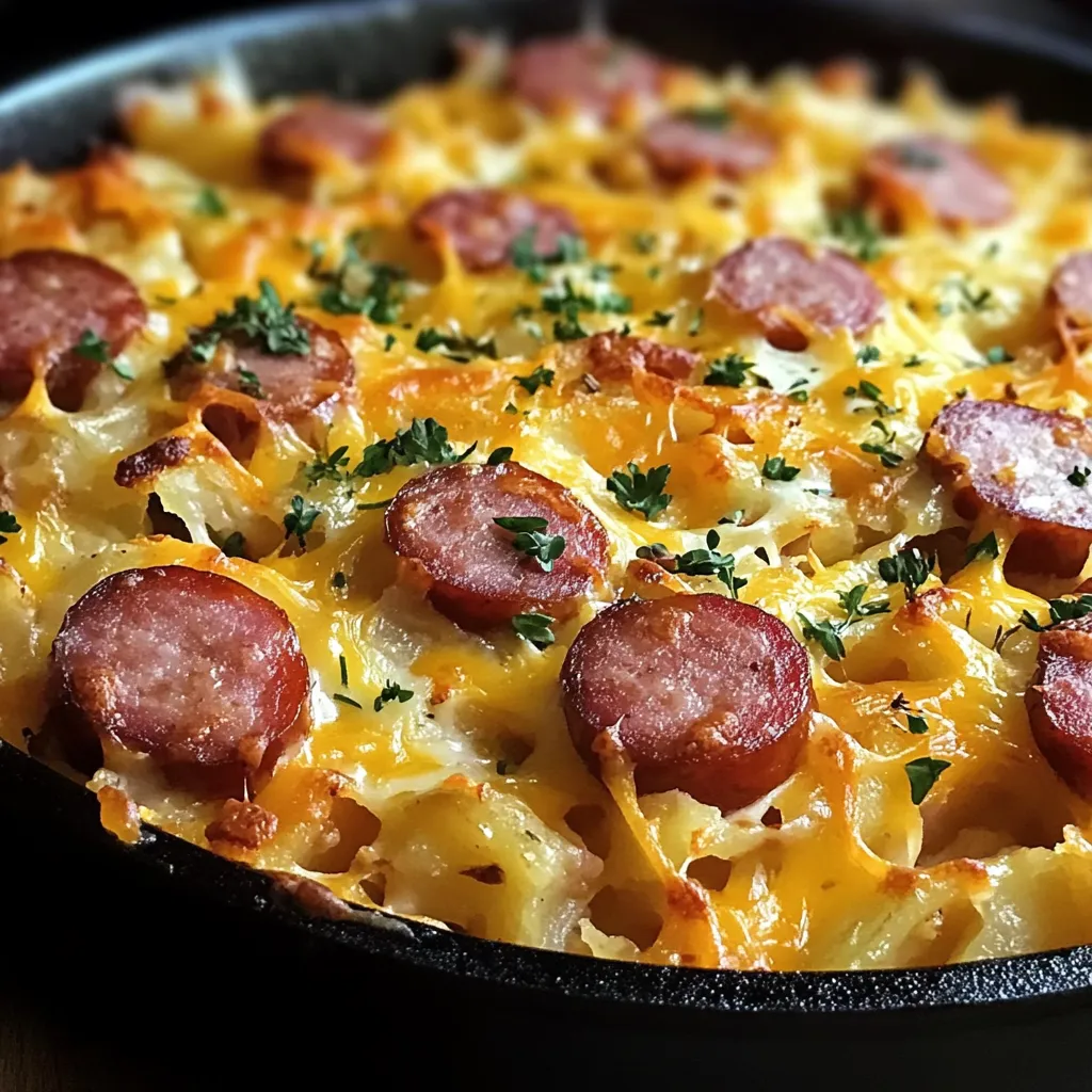 A pan of food with sausage and cheese.