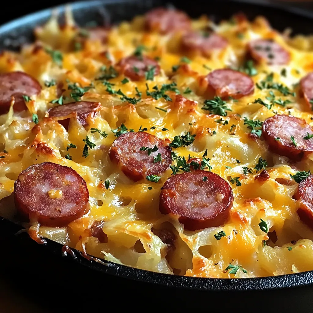 A pan of food with sausage and cheese.