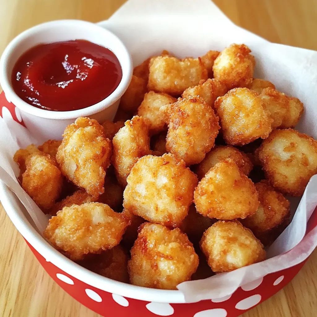 A bowl of tater tots with ketchup.