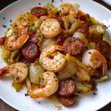A plate of food with shrimp, sausage, onions, and peppers.