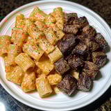 A plate of pasta and meat.