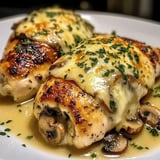 Two pieces of chicken with mushrooms and cheese.