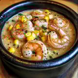 A bowl of shrimp and corn.