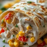 A burrito with chicken and corn.