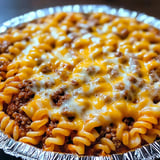 A foil covered dish of spaghetti and meatballs.