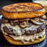 A burger with mushrooms and cheese.
