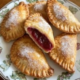 A plate of pastries with jelly in the middle.