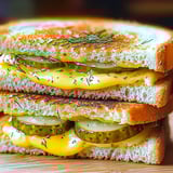 A sandwich with pickles and cheese.