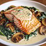 A plate of food with mushrooms and fish.