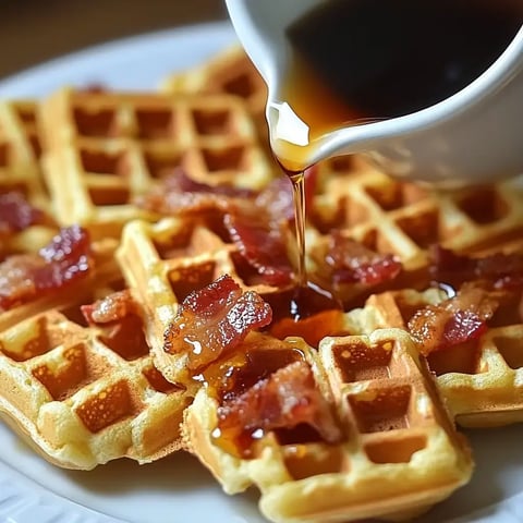 A serving of waffles topped with crispy bacon and drizzled with syrup.