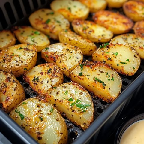 A close-up image of golden-brown roasted potato wedges garnished with chopped herbs, arranged in a black tray.