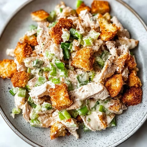 A plate of shredded chicken mixed with green onions and creamy dressing, topped with crunchy croutons.