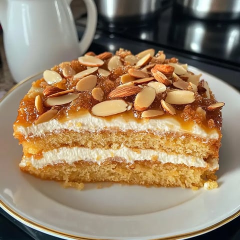 A slice of layered cake topped with caramel and sliced almonds, served on a white plate.