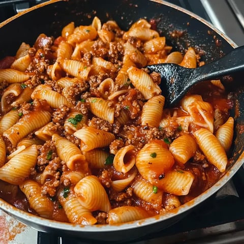 A close-up of a skillet filled with pasta shells coated in a meat sauce, garnished with herbs.