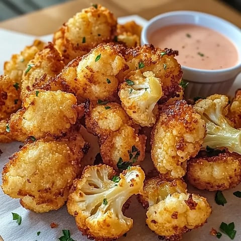 A close-up image of golden-brown, battered and fried cauliflower florets, garnished with parsley, served with a small bowl of dipping sauce.