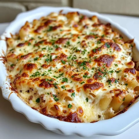 A creamy baked pasta dish with a golden, cheesy crust, garnished with parsley.