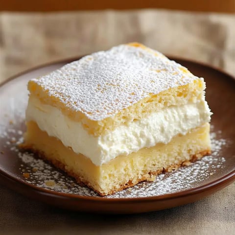 A slice of layered dessert with a light sponge cake topped with powdered sugar and a creamy filling on a brown plate.