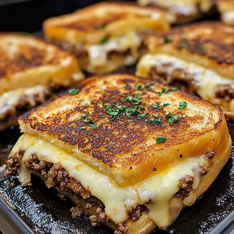 A close-up of grilled cheese sandwiches with melted cheese and ground beef filling, garnished with chopped parsley.