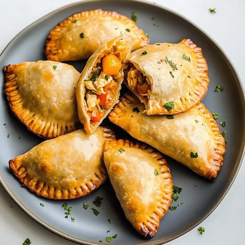 A plate of golden-brown empanadas, some whole and one cut open to reveal a filling of chicken, peppers, and onions, garnished with parsley.