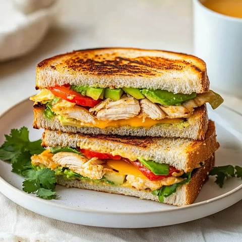 A stacked sandwich featuring layers of grilled chicken, cheese, avocado, lettuce, and bell peppers, served on toasted bread.