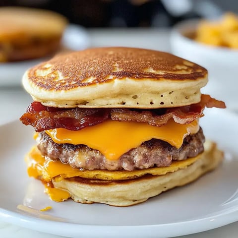 A close-up of a hearty breakfast sandwich made with pancakes, bacon, cheddar cheese, and a beef patty, served on a white plate.