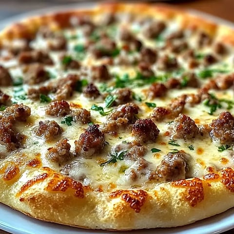 A close-up of a freshly baked pizza topped with sausage and garnished with green herbs on a golden crust.